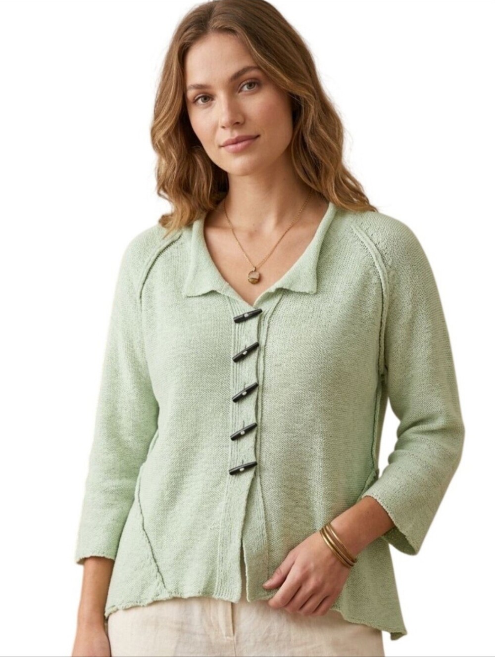 Habitat Mint Green Sustainable Linen Blend Lagonlook 3/4 Sleeve Sweater Size M